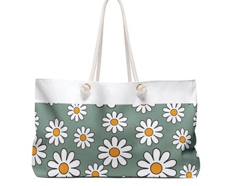 Daisy Patterned Weekender Bag, Flower Print Travel Carryall, Women's Overnight Bag, Floral Weekend Tote