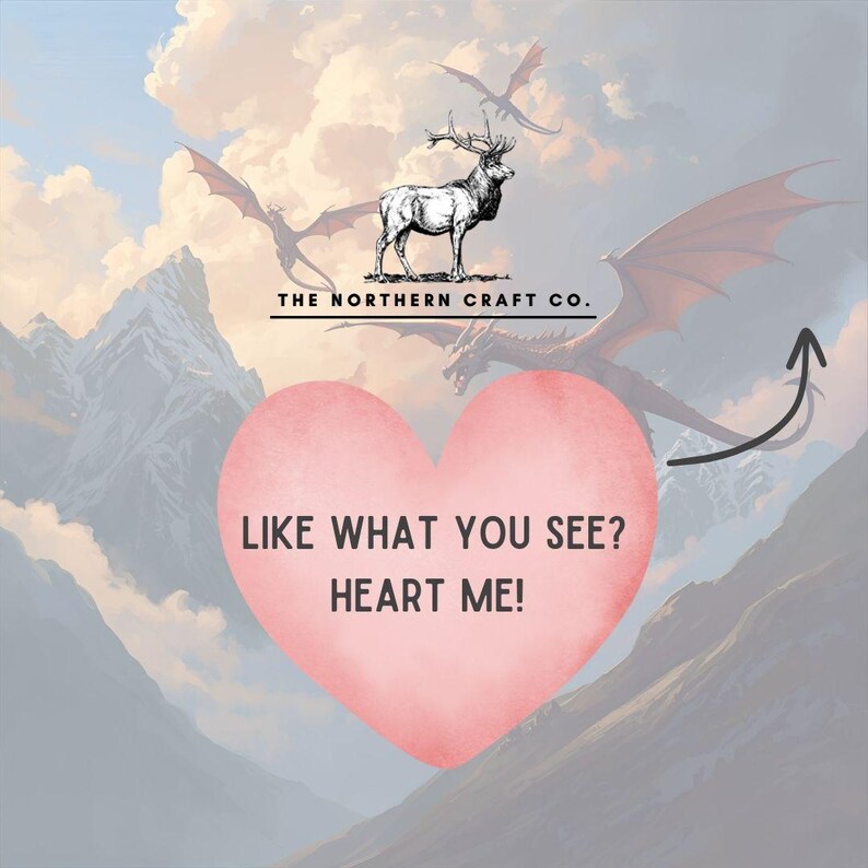 May include: Digital art featuring a stag with antlers and dragons in a fantasy landscape. A pink heart shape with the text "LIKE WHAT YOU SEE? HEART ME!" is in the foreground. The Northern Craft Co. logo is at the top.