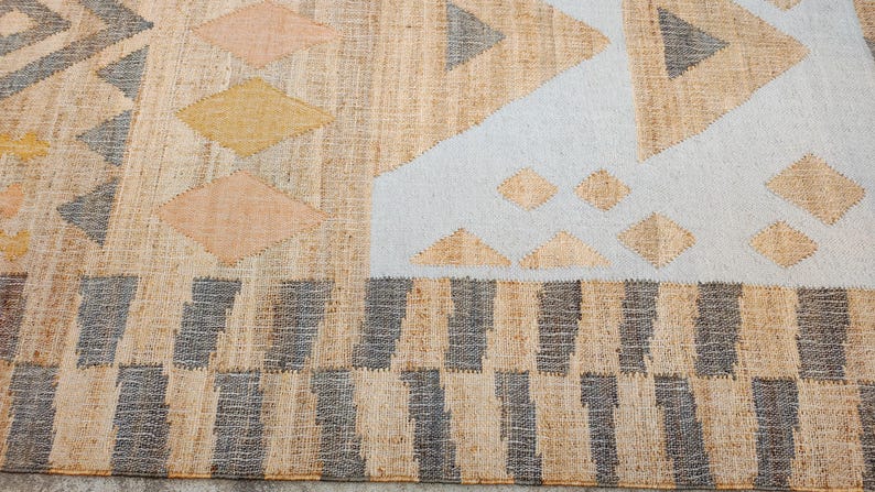 Handwoven flatweave boho jute and wool multicolour rug, geometric scandinavian nordic texture Custom size. image 10