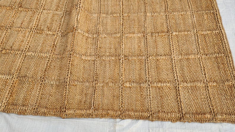 May include: A rectangular area rug crafted from natural tan fibers, featuring a prominent grid pattern created by raised, woven lines that form uniform squares across the entire surface of the textured, earthy-toned floor covering.