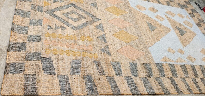 Handwoven flatweave boho jute and wool multicolour rug, geometric scandinavian nordic texture Custom size. image 11