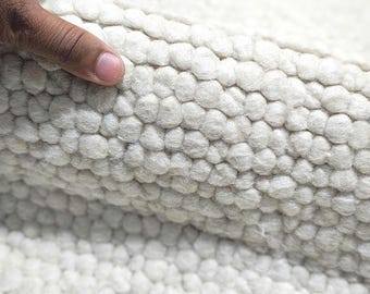 8×10 Handwoven Chunky Wool Rug, White Felted Nordic Minimalist Boho Living Room