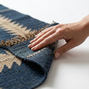 Handwoven dhurrie wool rug 10x14, Blue Stripe flatweave swedish Scandinavian kilim rug.