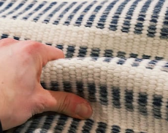 Hand Woven Wool Rug 8x10, Blue Grey White Stripe, Scandinavian Boho Flatweave Area Rug.