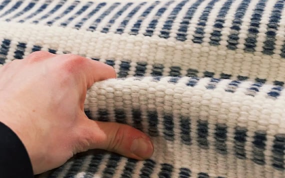 Hand Woven Wool Rug 8x10, Blue Grey White Stripe, Scandinavian Boho Flatweave Area Rug.