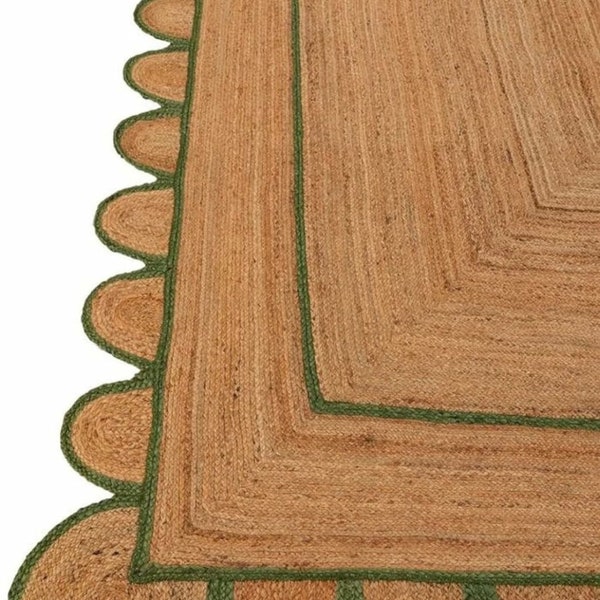 Green Jute Scallop Handmade Rug, Jute rugs, Runner rugs, Outdoor rugs, Customise in any size.