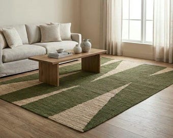 Handmade Jute Wool Boho Rug 8x10 | moss green white modern geometric Custom rug.