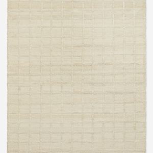 May include: A rectangular area rug in a solid cream color featuring a woven grid pattern. The surface is composed of a series of raised, horizontal and vertical lines that intersect to form uniform squares across the entire textile construction.