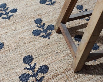 6x9 Handwoven jute kilim flower rug | Abstract floral boho rug | grey custom natural.