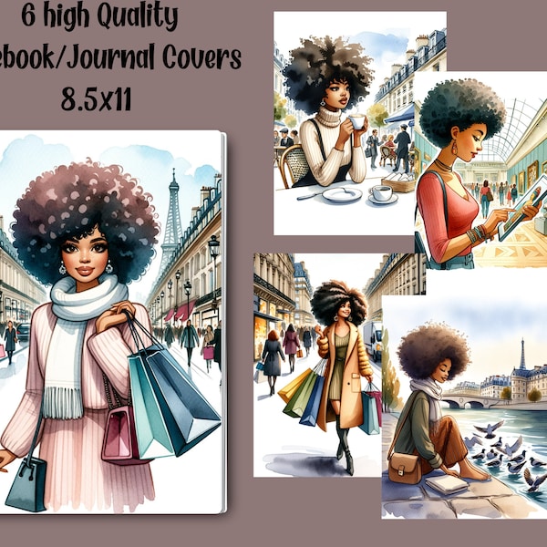 Black Women Paris Notebook Covers, Journal covers, African American Notebook Covers, 8.5x11 Notebook Covers, DFY, Traveling in Paris, Afro