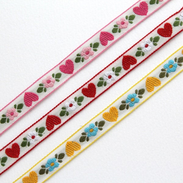 Heart Flower Embroidered Ribbon 0.47inch (1.2cm) x 2/5/10Yards