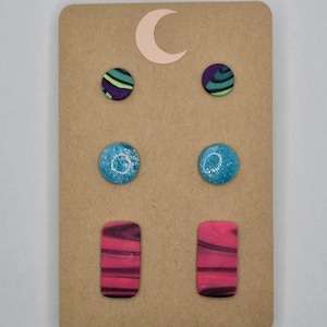 Handmade Polymer Clay Stud Earrings, 3-pack