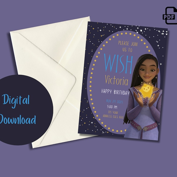 Disney Wish Birthday Invitation Instant Download | Asha Disney Invitation Template | Birthday Favor Printable Cute Disney Wish Invitation