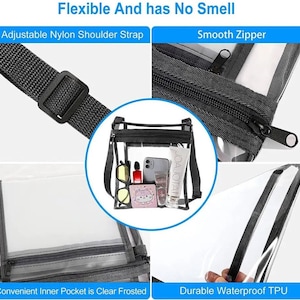 Peut inclure: Sac bandouli&egrave;re transparent avec bordures noires, dot&eacute; d'une bandouli&egrave;re r&eacute;glable en nylon et d'une fermeture &eacute;clair lisse. Il comprend une poche int&eacute;rieure pratique et est fabriqu&eacute; en TPU imperm&eacute;able durable. Le texte "Flexible And has No Smell" est visible.