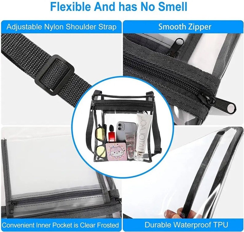 Peut inclure: Sac bandouli&egrave;re transparent avec bordures noires, dot&eacute; d'une bandouli&egrave;re r&eacute;glable en nylon et d'une fermeture &eacute;clair lisse. Il comprend une poche int&eacute;rieure pratique et est fabriqu&eacute; en TPU imperm&eacute;able durable. Le texte "Flexible And has No Smell" est visible.