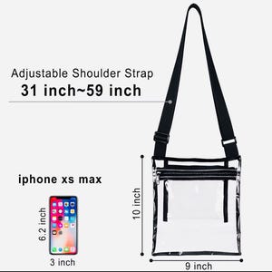Peut inclure: Sac bandouli&egrave;re transparent avec une bandouli&egrave;re noire r&eacute;glable. Le sac mesure 22,86 cm de large et 25,4 cm de haut, avec une bandouli&egrave;re r&eacute;glable de 78,74 cm &agrave; 149,86 cm. Con&ccedil;u pour un iPhone XS Max.