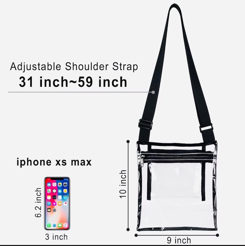 Peut inclure: Sac bandouli&egrave;re transparent avec une bandouli&egrave;re noire r&eacute;glable. Le sac mesure 22,86 cm de large et 25,4 cm de haut, avec une bandouli&egrave;re r&eacute;glable de 78,74 cm &agrave; 149,86 cm. Con&ccedil;u pour un iPhone XS Max.
