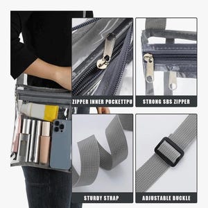 Peut inclure: Un sac bandouli&egrave;re transparent et clair avec une sangle et une fermeture &eacute;clair grises. Le sac contient divers articles, dont du maquillage et un smartphone. Comprend une poche int&eacute;rieure zipp&eacute;e, une fermeture &eacute;clair SBS solide, une sangle robuste et une boucle r&eacute;glable.