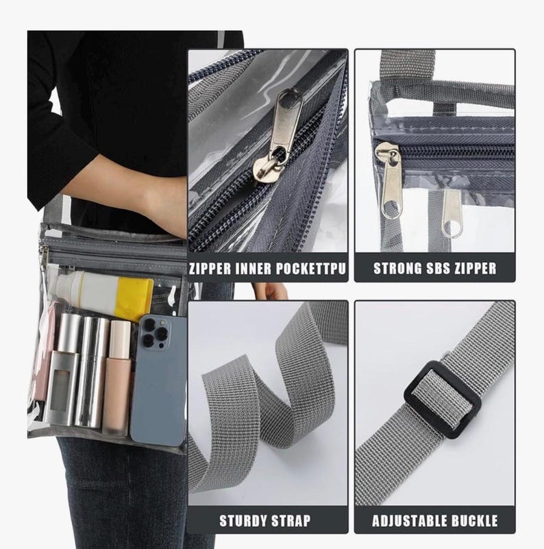 Peut inclure: Un sac bandouli&egrave;re transparent et clair avec une sangle et une fermeture &eacute;clair grises. Le sac contient divers articles, dont du maquillage et un smartphone. Comprend une poche int&eacute;rieure zipp&eacute;e, une fermeture &eacute;clair SBS solide, une sangle robuste et une boucle r&eacute;glable.