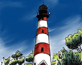 The Lighthouse in Assateague, VA | 8.5X11 Print of Original Hand-drawn Digital Urban Sketch