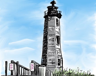 The New Point Comfort Lighthouse in Port Haywood, VA | 8.5X11 Print of Original Hand-drawn Digital Urban Sketch