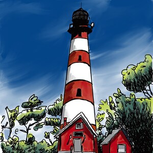 Latarnia morska Assateague – ilustracja z wybrzeża wyspy Assateague w Wirginii | Wydruk 8,5 x 11 cali (oryginalny, ręcznie rysowany, cyfrowy szkic miejski)