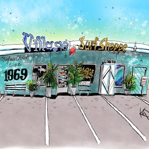 May include: A teal blue building with a sign that reads "Village Surf Shoppe" and "Surfer's Choice Since 1969". The building has a wooden bench in front of it and a few potted plants.