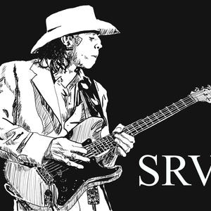 May include: Black and white illustration of a musician playing a guitar. The musician is wearing a hat and a suit jacket. The letters "SRV" are in white on the lower right.
