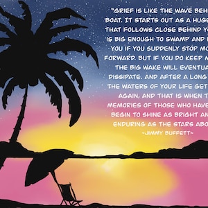 Grief Is Like the Wave Behind a Boat – Inspirational Sunset Beach Print with Jimmy Buffett Quote | Comfort Art for Healing and Remembrance