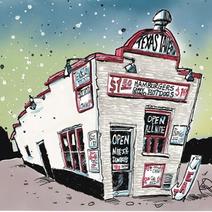 Texas Tavern Art Print – Roanoke’s Iconic Diner in Whimsical Illustration | 8.5X11 Print of Original Pen & Ink Sketch