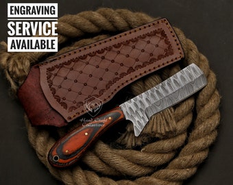 8" Custom Handmade Damascus Steel Bull Cutter Knife With Pure Leather Sheath Gift For Cowboy Gift For Dad Personalized Bull Cutter Knife