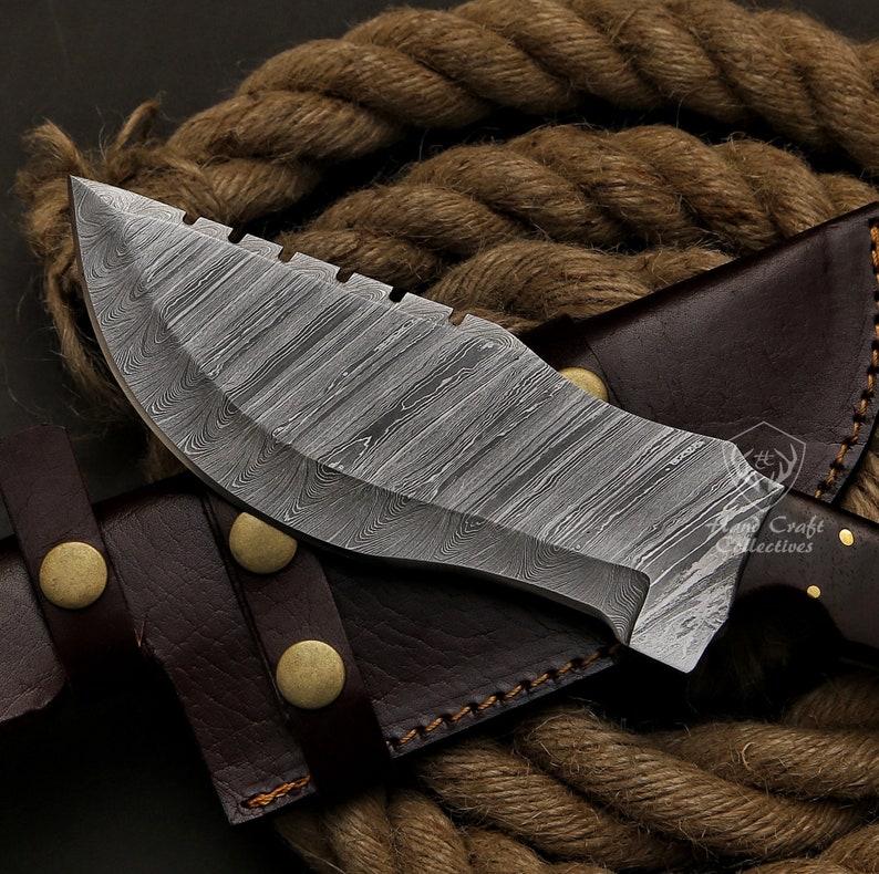 May include: A Damascus steel knife with a curved blade and serrated edge, resting on a brown leather sheath with brass rivets. The knife has a dark wooden handle and a unique pattern on the blade. A thick rope is in the background.