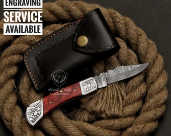 Handmade Damascus Pocket Knife Rose Wood & Steel Bolster Handle Birthday Gift Folding Knife Groomsmen Gift Wedding Personalized Gift for Men