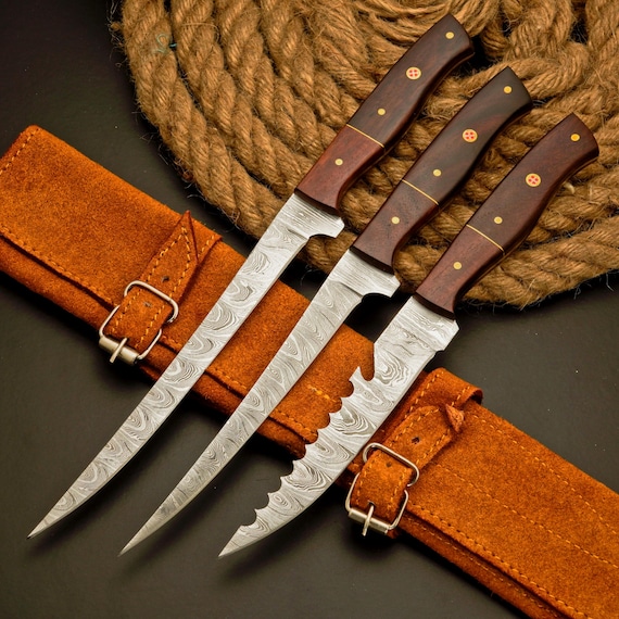 3 Pc Fillet Knife set Handmade Damascus Steel Fishing Knife Best Gift For Fishing Lover Personalized Knife Anniversary Gift For Husband
