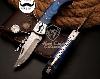 Rust-free Damascus Steel Pocket FOLDING KNIFE with Leather Sheath Best Christmas Gift for Him Birthday Gift for Dad Groomsmen Gift