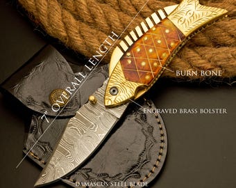 Handmade Damascus Steel Pocket Knife, Fishing Folding Knife, Camping Knife, Halloween Gift, Groomsmen Gift for Him, Personalized Gift