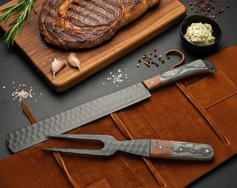 Premium Brisket Slicing Knife & Fork Set Leather Roll Kit BBQ Smoking  Carving Gift Gift for Pitmasters Meat Slicing Set Birthday Gift