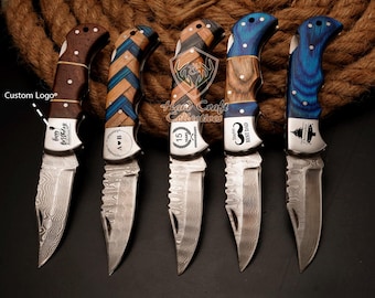 Rust-free Damascus stainless Steel Pocket FOLDING KNIFE with Leather Sheath Best Christmas Gift for Him Birthday Gift for Dad Groomsmen Gift