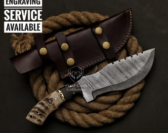 11.5" Custom Handmade Damascus Steel Tracker Knife With Rose Wood & Ram Horn Handle And Leather Sheath Gift For Husband Hunting Knife Gift