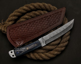 11" Custom Handmade Damascus Steel Tanto Knife Exotic Wood with Leather Sheath Anniversary Gift Wedding Personalized Engraved Knife Gift
