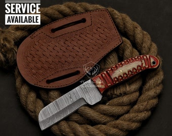 8"Custom Handmade Damascus Steel Cow Bull Cutter Knife With Exotic Wood Handle And Customize Leather Sheath Gift For Dad Engraved BullCutter