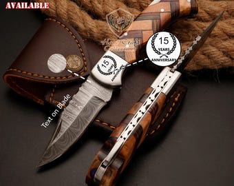 Pocket FOLDING KNIFE Handmade Damascus Steel Knife with Leather Sheath Best Christmas Gift for Him Birthday Gift for Dad Anniversary Gift