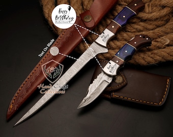 Pair of Handmade Damascus Steel Fillet & Pocket Folding Knife Best Christmas Gift for Him Anniversary gift for Husband Birthday Gift for Dad