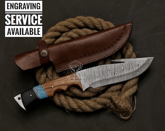 Custom Handmade Damascus Steel Gut Hook Hunting Knife With Pure Leather Sheath Hunting Knife Gift Gift For Hunters Personalized Gift