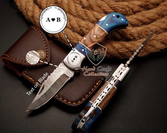 Rust-free Damascus stainless Steel Pocket FOLDING KNIFE with Leather Sheath Best Christmas Gift for Him Birthday Gift for Dad Groomsmen Gift