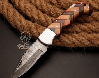 Pocket Knife Handmade Damascus Steel Folding Knife with Leather Sheath Best Christmas Gift for Him Birthday Gift for Dad Anniversary Gift