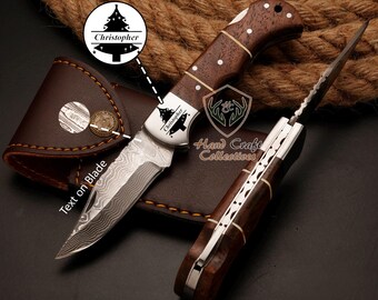 Rust-free Damascus stainless Steel Pocket FOLDING KNIFE with Leather Sheath Best Christmas Gift for Him Birthday Gift for Dad Groomsmen Gift