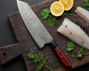 Handmade Damascus Steel Chef Knife with Leather Roll | Japanese Style Kitchen Knife | Gift for Chefs | Handmade Professional Kitchen Knife