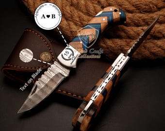 Rust-free Damascus stainless Steel Pocket FOLDING KNIFE with Leather Sheath Best Christmas Gift for Him Birthday Gift for Dad Groomsmen Gift