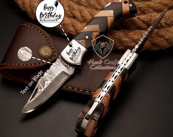 Rust-free Damascus Steel Pocket FOLDING KNIFE with Leather Sheath Birthday Gift for Boyfriend Wedding Gift for Him Best Gift for Hunter